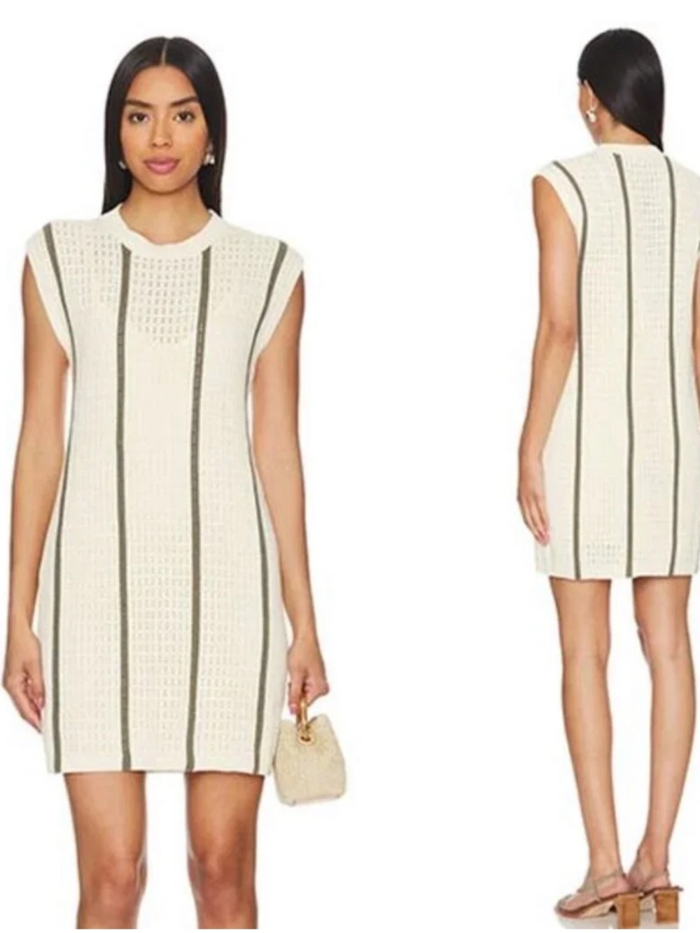 Anine Bing Lanie Ivory Green Stripe Mini Dress, Size L, NWT